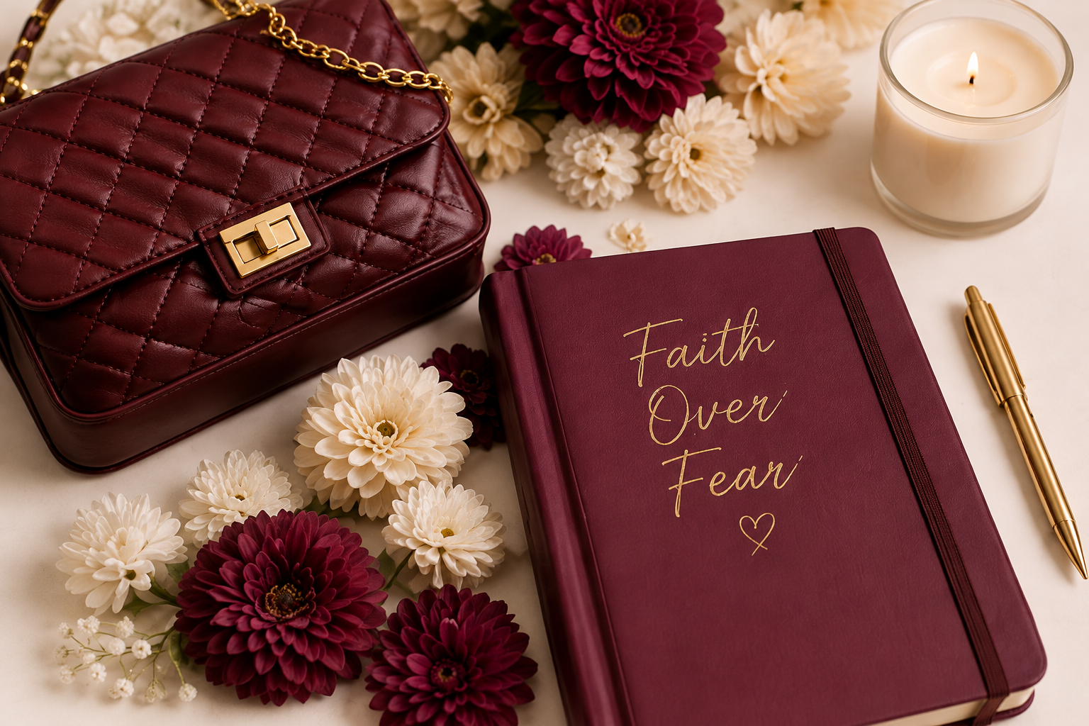 Burgundy accessories, flowers, candle, and Faith Over Fear journal